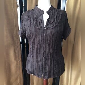 Brown Crochet Trim ButtonUp Short Sleeve Blouse